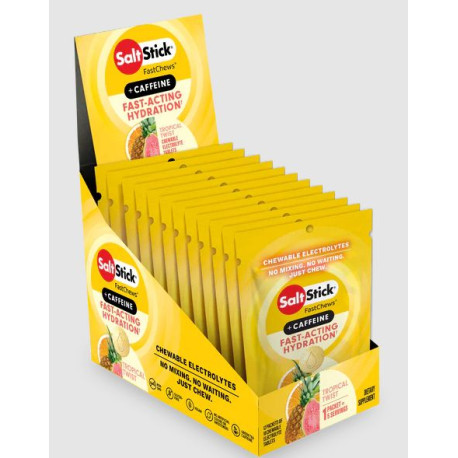 Pack de pastilles electrolyte à croquer SALTSTICK Fastchew - Saveur Tropical Twist + CAFFEINE - 12 sachets de 10 pastilles